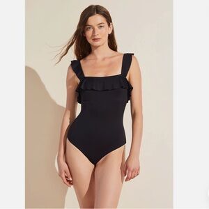 Eberjey So Solid Jane Black Ruffled One-Piece Swimsuit Size Large